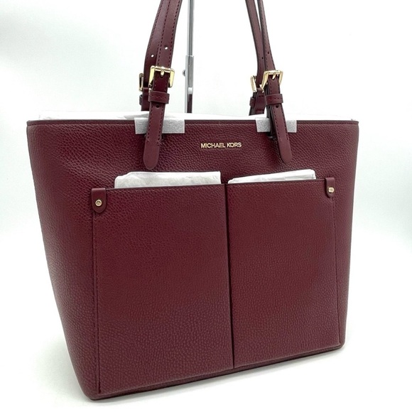 Michael Kors Jet Set Medium Pocket Tote Bag Dark Ruby Red Pebbled Leather - Picture 1 of 11